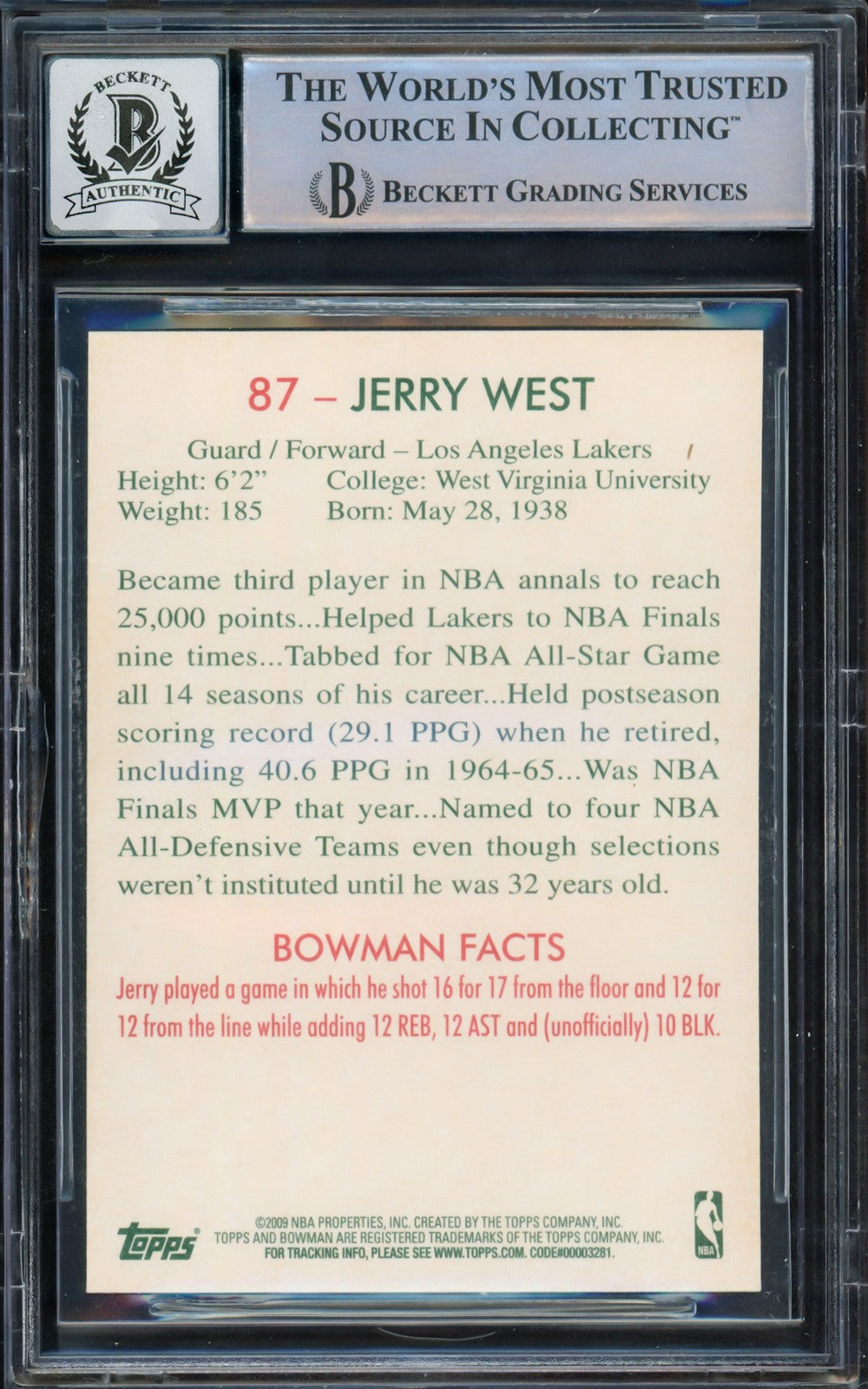 Jerry West Signed 2009-10 Bowman Card 87 Card Lakers Auto GM 10 Beckett