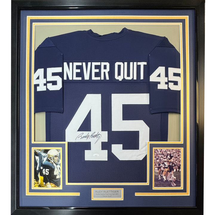 Framed Autographed/Signed Rudy Ruettiger 35x39 Never Quit ND Blue Jersey JSA COA