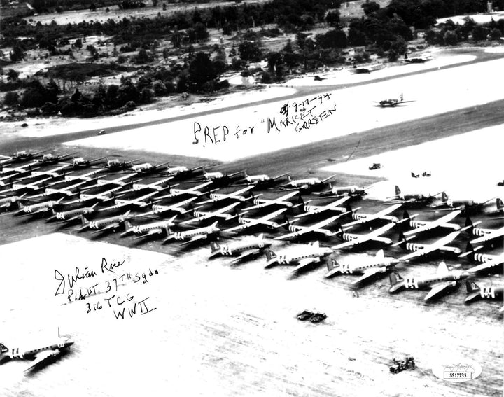 Julian "Bud" Rice signed WWII C-47 Pilot 37TH Sqdn/Market Garden 8x10 Photo- JSA