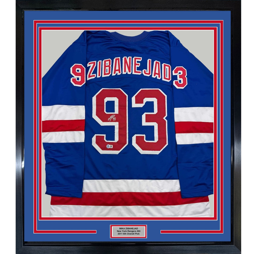 Framed Autographed/Signed Mika Zibanejad 35x39 New York Blue Jersey BAS COA