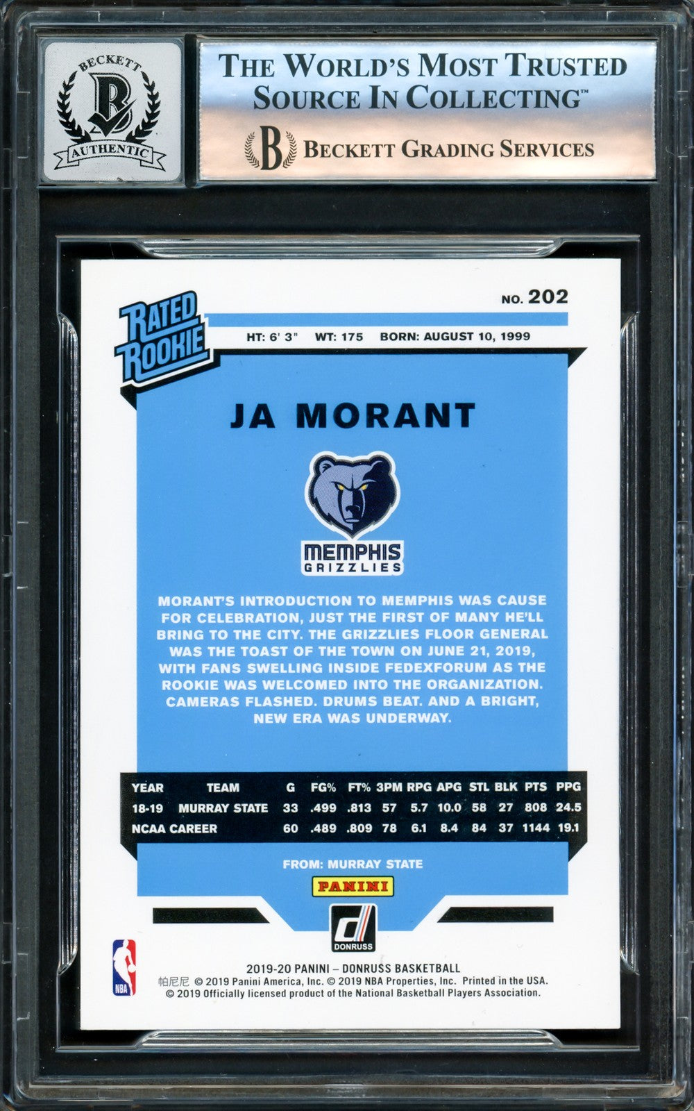 Ja Morant Signed 2019-20 Donruss RC 202 Memphis Grizzlies Auto GM 10 Beckett