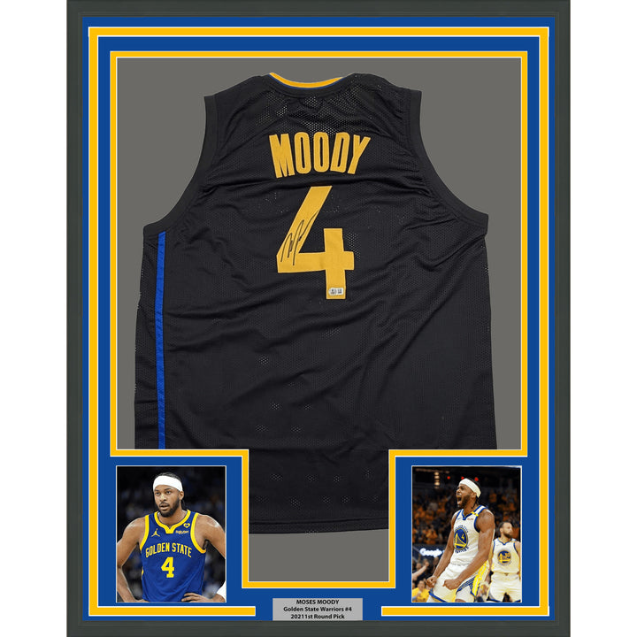 Framed Autographed Moses Moody 35x39 Golden State Black Jersey Beckett BAS COA
