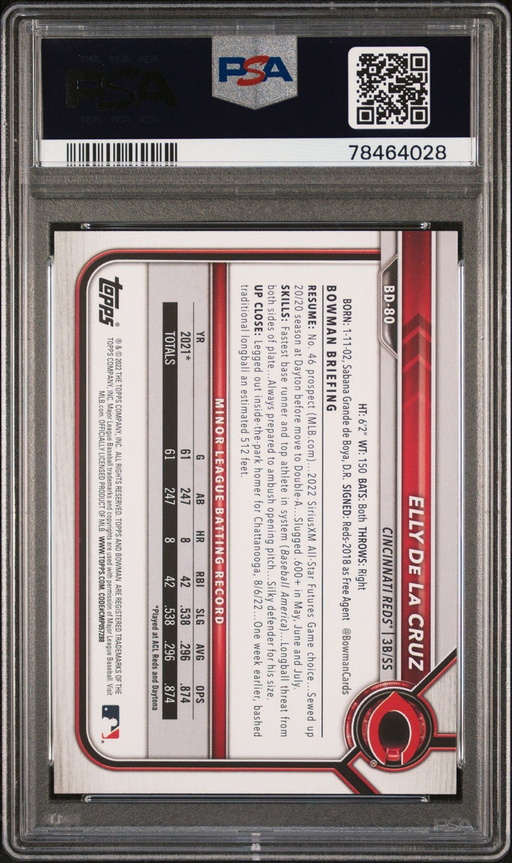 Graded 2022 Topps Bowman Draft Elly De La Cruz #BD80 Rookie Card PSA 10