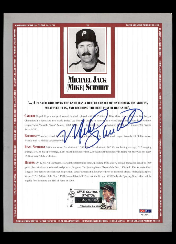 Mike Schmidt PSA DNA Schmidt Day Postmark 8x10 Career Notes Photo Phillie Signed