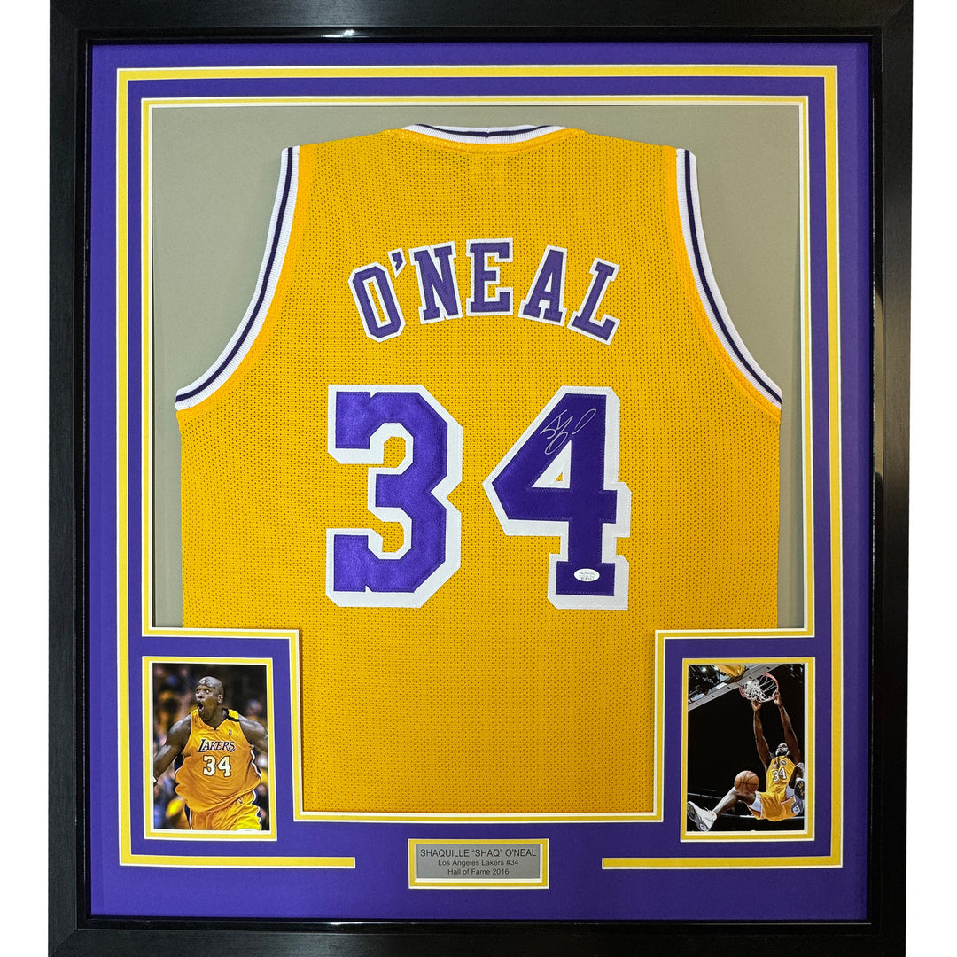 Framed Autographed/Signed Shaquille Shaq O'Neal 35x39 LA Yellow Jersey BAS COA