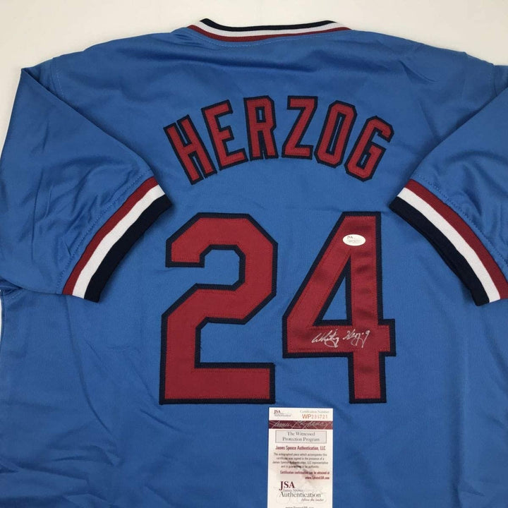 Autographed/Signed WHITEY HERZOG St. Louis Blue Jersey JSA COA Auto