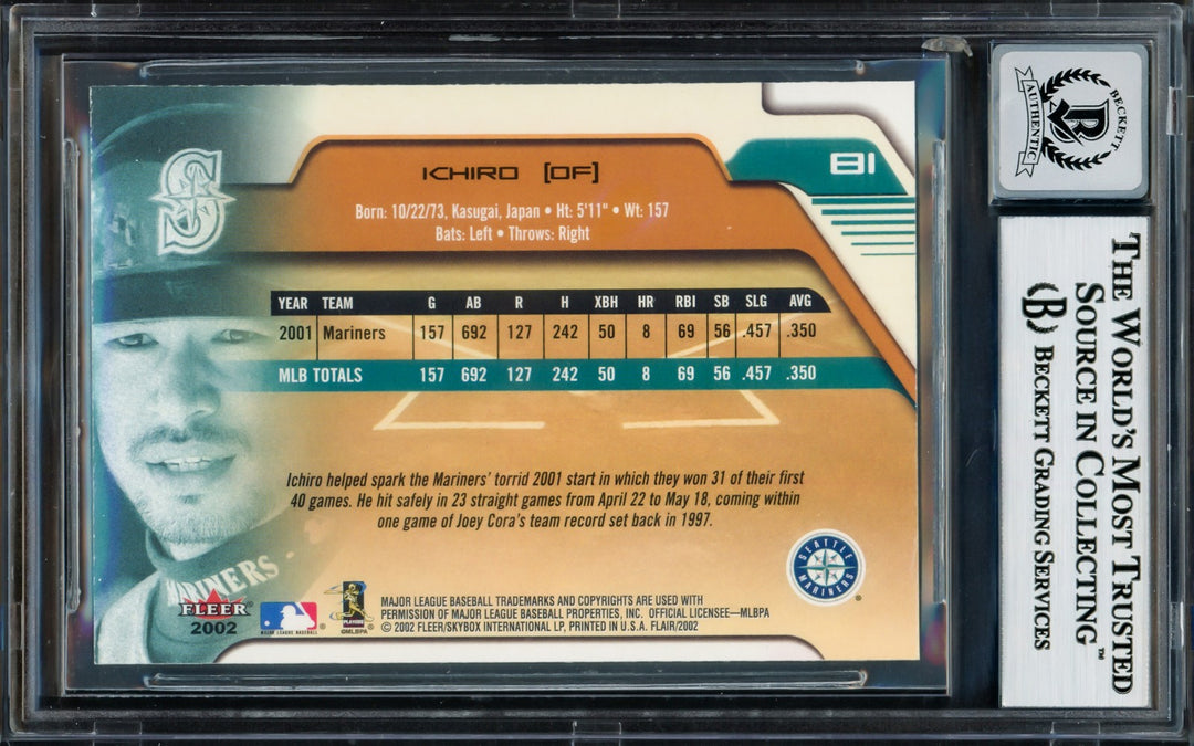 Ichiro Suzuki Signed 2002 Fleer Flair Card 81 Mariners Auto GM 10 Beckett