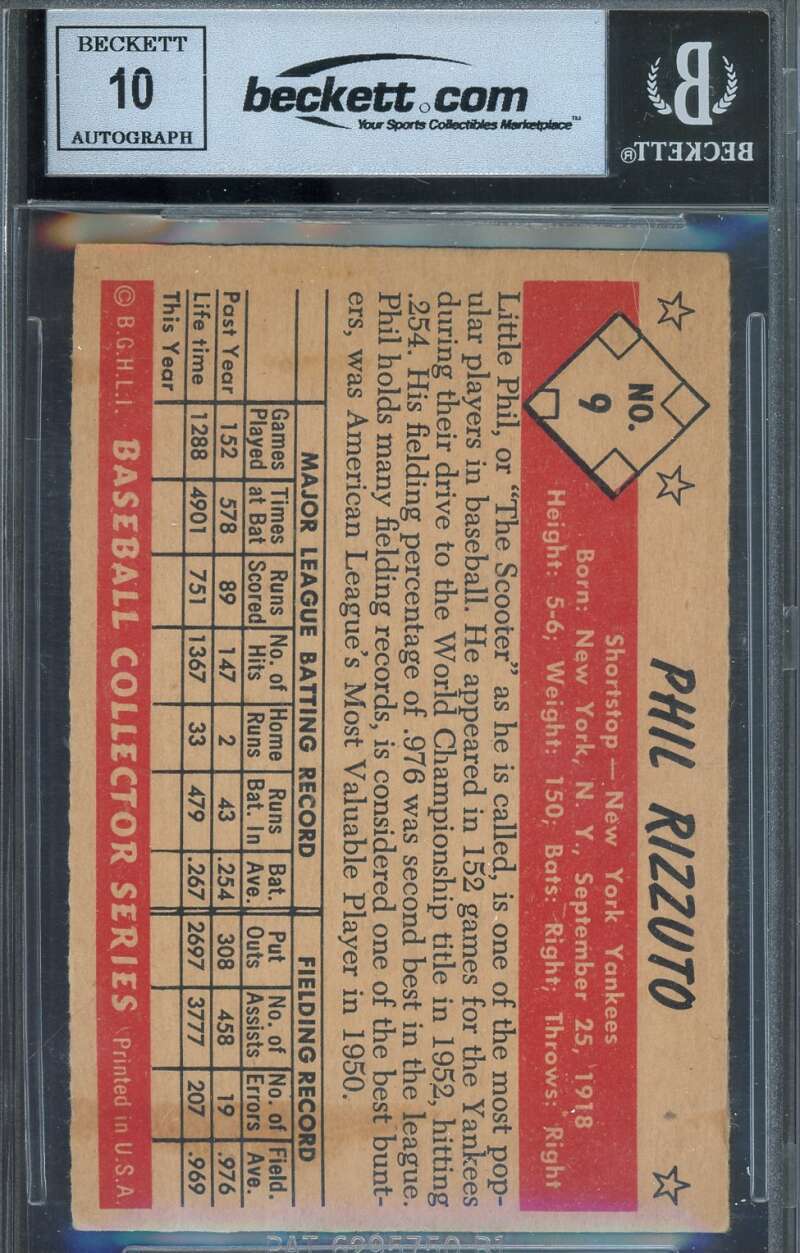 Phil Rizzuto Gem Mint 10 Beckett BAS Signed 1953 Bowman Color Autograph