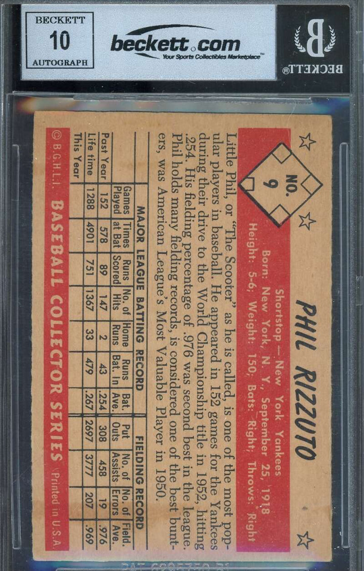 Phil Rizzuto Gem Mint 10 Beckett BAS Signed 1953 Bowman Color Autograph