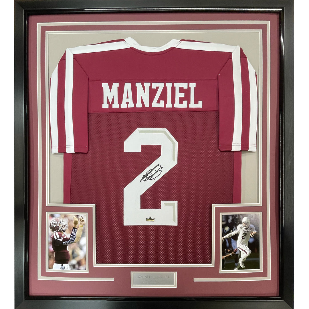 Framed Facsimile Autographed Johnny Manziel 33x42 Maroon Reprint Laser Jersey