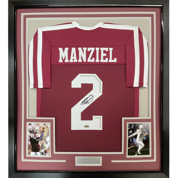 Framed Facsimile Autographed Johnny Manziel 33x42 Maroon Reprint Laser Jersey