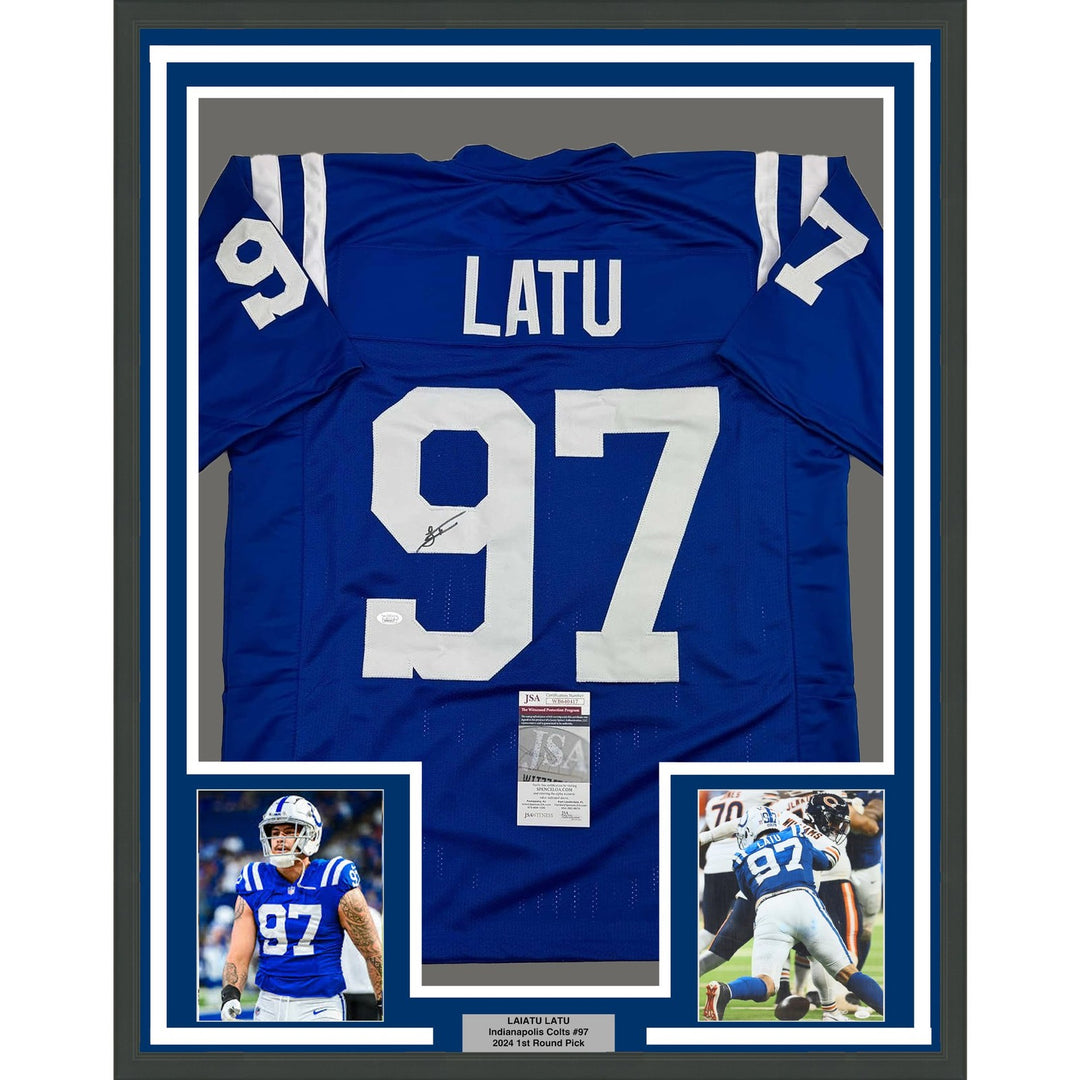 Framed Signed Laiatu Latu 35x39 Indianapolis Blue Jersey JSA COA