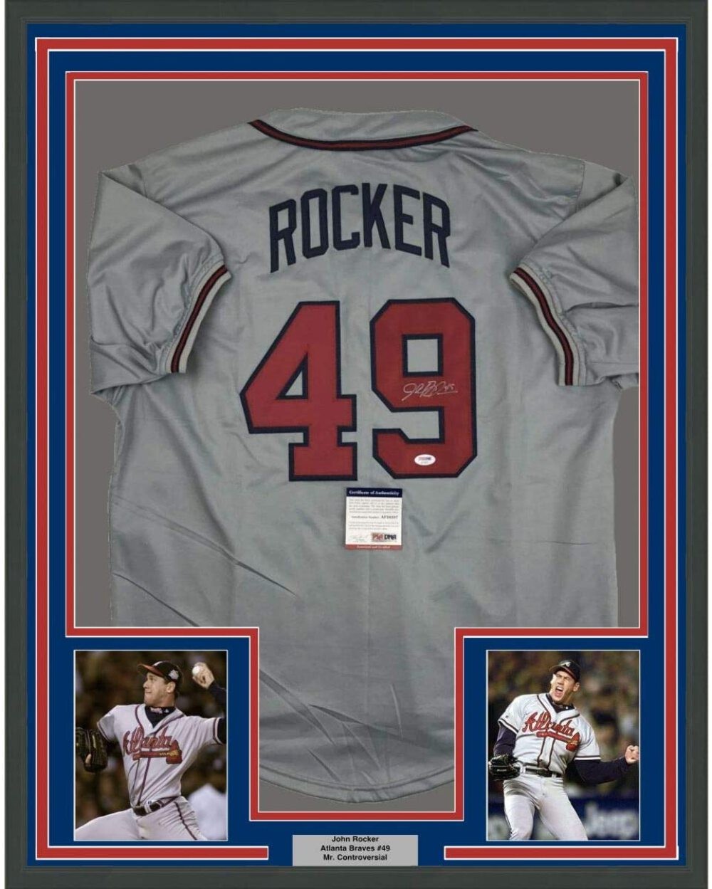 FRAMED Autographed/Signed JOHN ROCKER 33x42 Atlanta Grey Jersey PSA/DNA COA