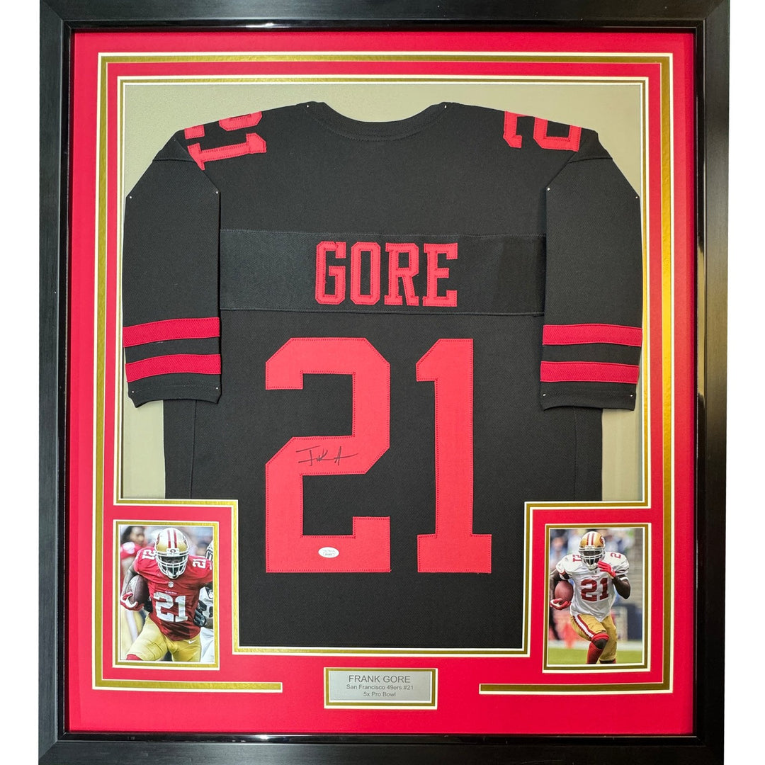 Framed Autographed/Signed Frank Gore 35x39 San Francisco Black Jersey COA