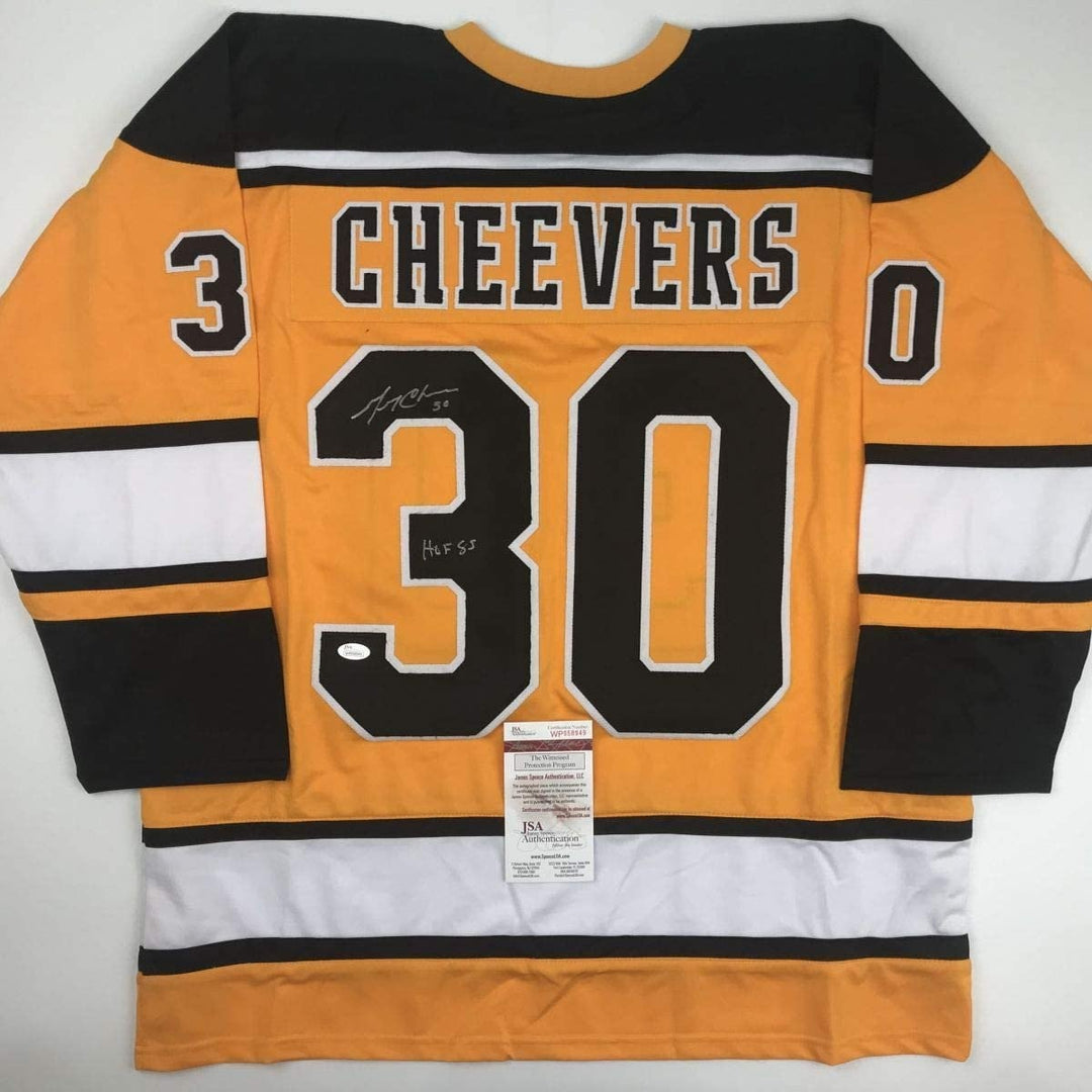 Autographed/Signed Gerry Cheevers HOF 85 Boston Yellow Jersey JSA COA