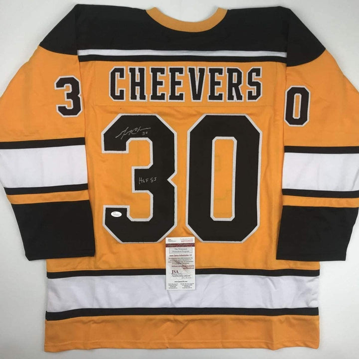 Autographed/Signed Gerry Cheevers HOF 85 Boston Yellow Jersey JSA COA