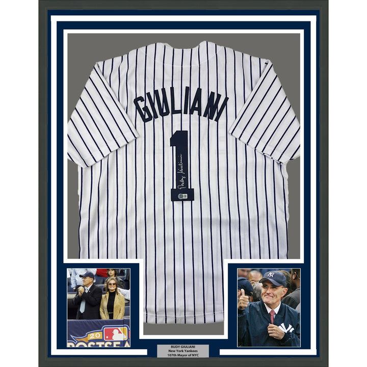 Framed Autographed/Signed Rudy Giuliani 33x42 New York Pinstripe Jersey COA