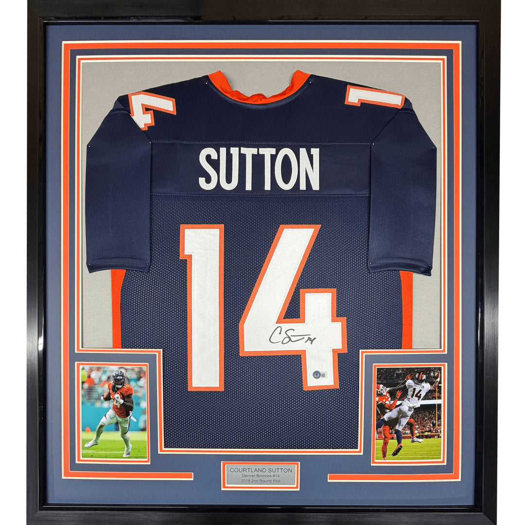Framed Autographed/Signed Courtland Sutton 35x39 Denver Blue Jersey JSA COA
