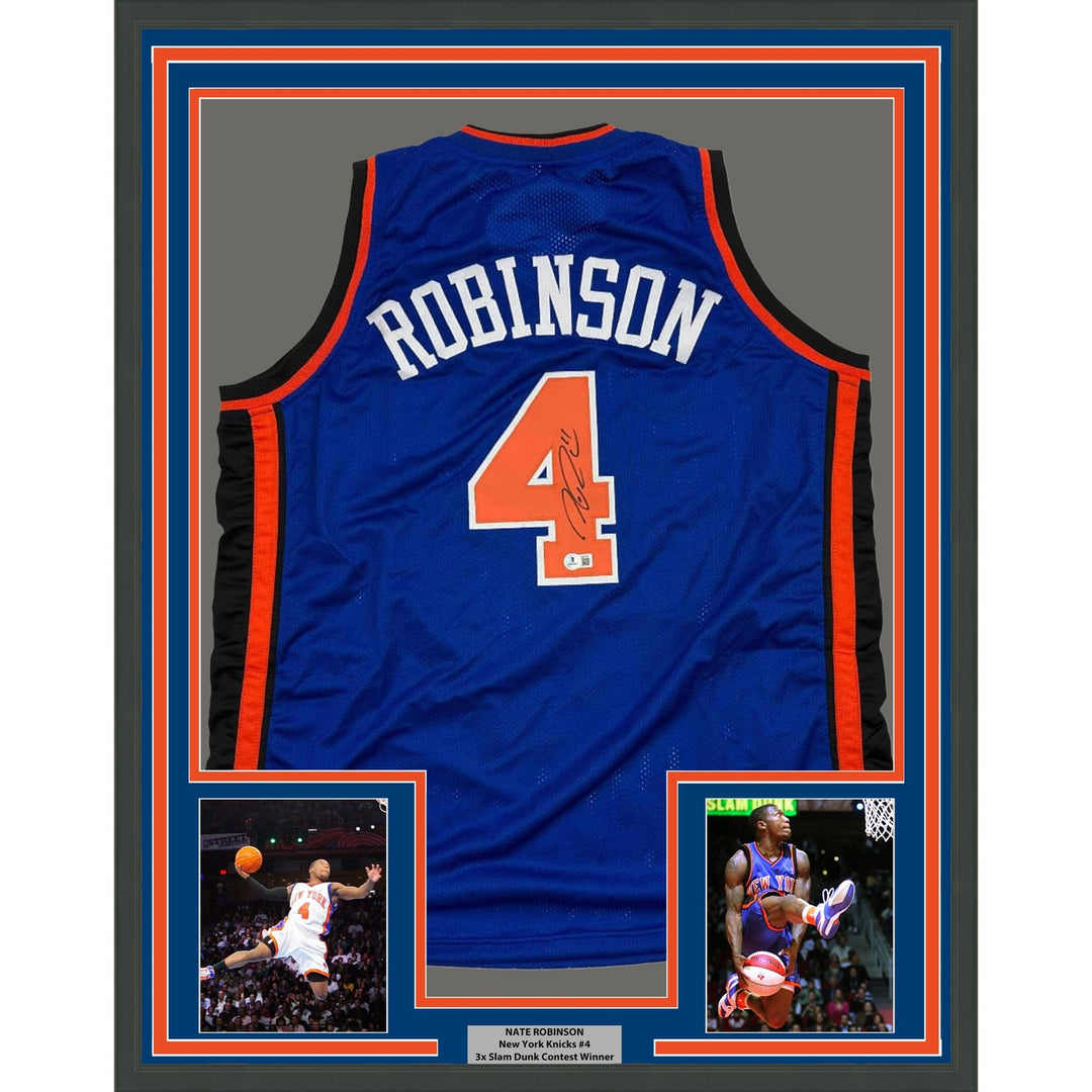 Framed Autographed/Signed Nate Robinson 35x39 New York Blue Jersey BAS COA