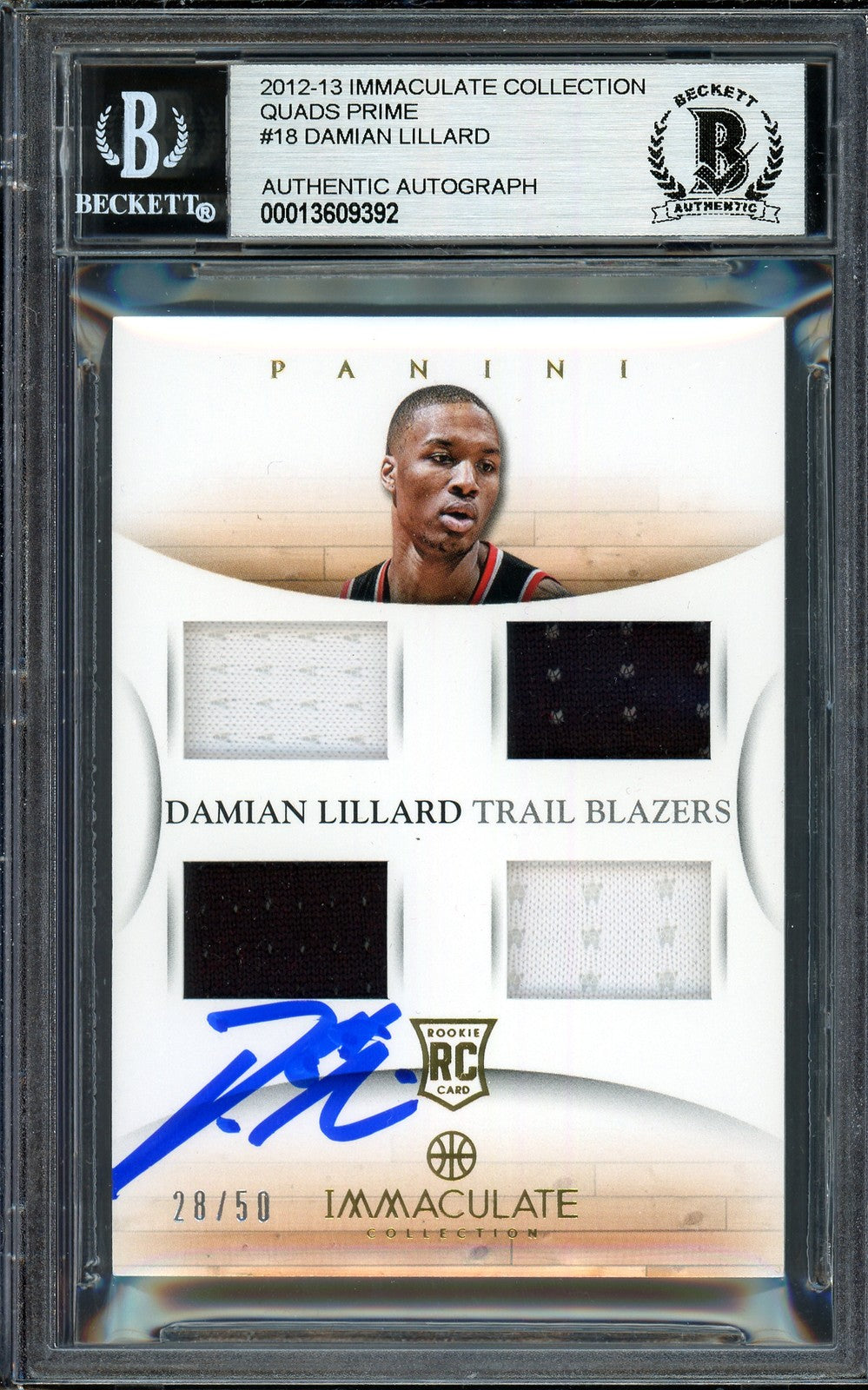 Damian Lillard Signed 2012-13 Panini Immaculate Quad Patch RC 18 #28/50 Beckett