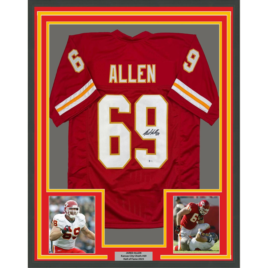 Framed Autographed/Signed Jared Allen 35x39 Kansas City Red Jersey BAS COA