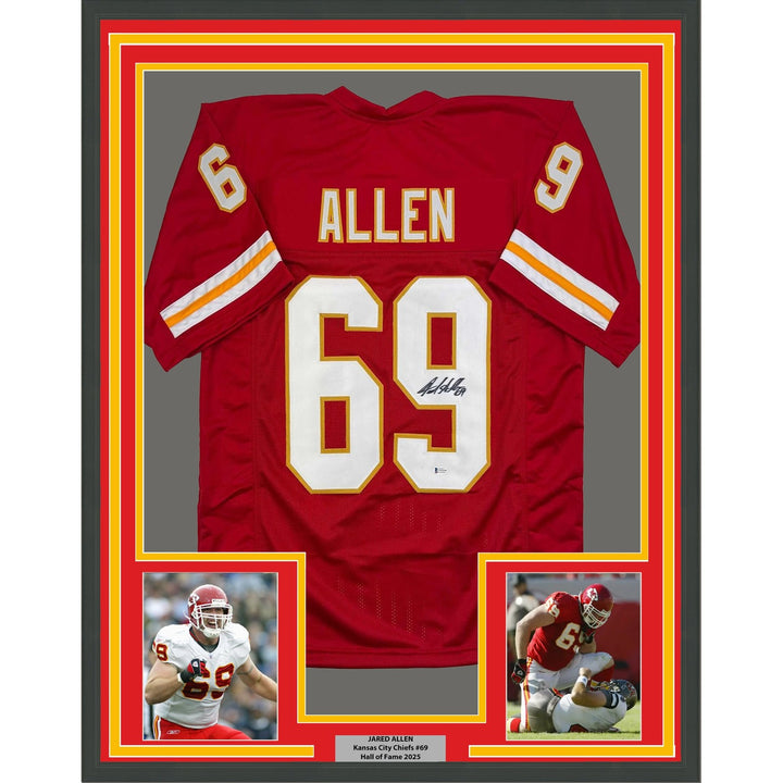 Framed Autographed/Signed Jared Allen 35x39 Kansas City Red Jersey BAS COA