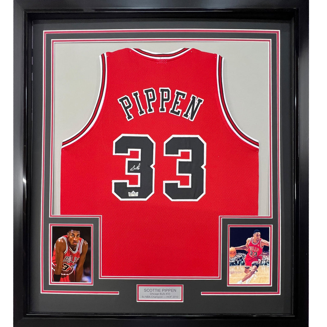 Framed Facsimile Autographed Scottie Pippen 33x42 Red Reprint Laser Auto Jersey