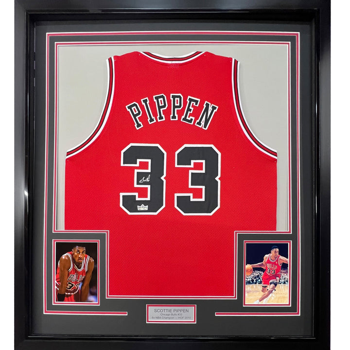 Framed Facsimile Autographed Scottie Pippen 33x42 Red Reprint Laser Auto Jersey