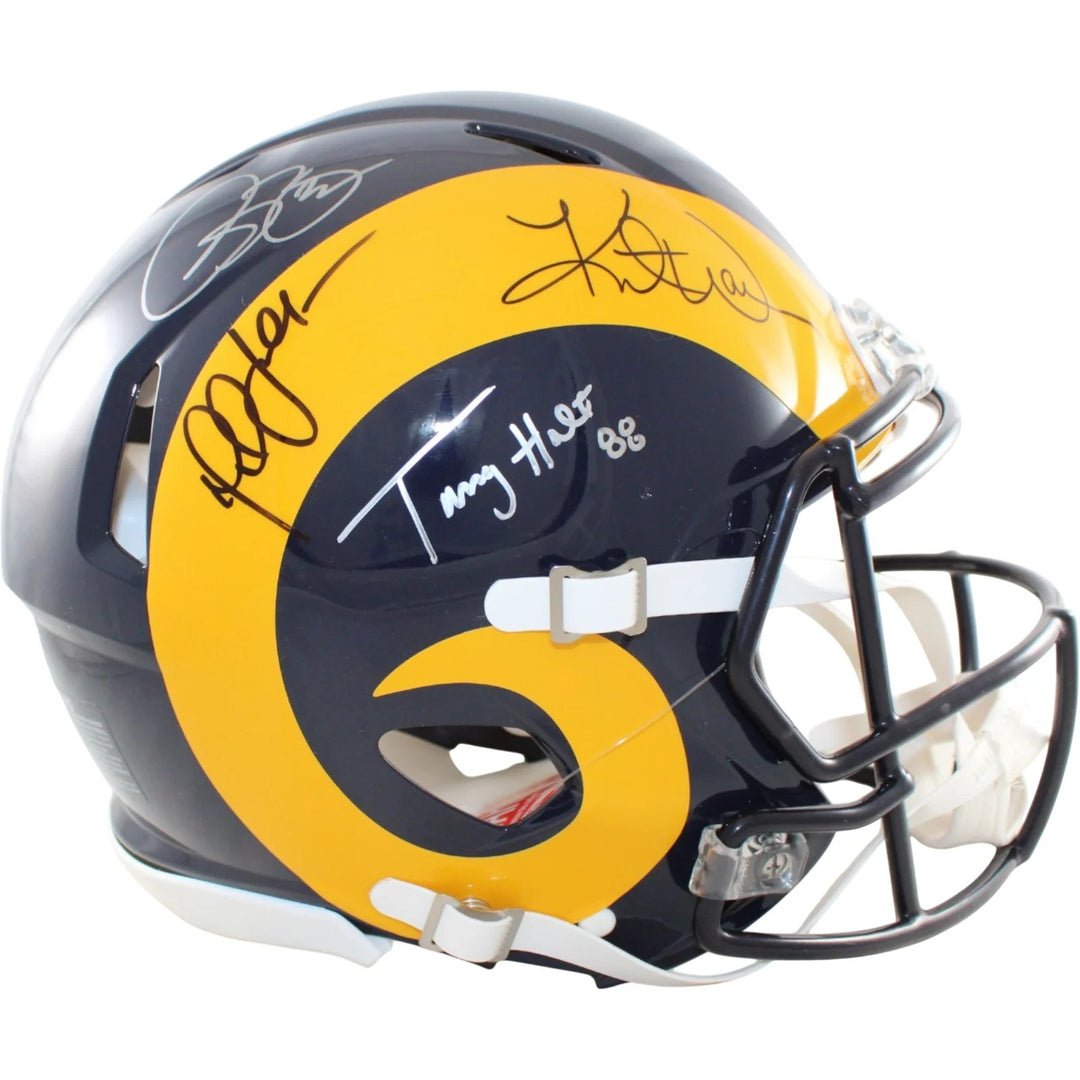 Warner Holt Faulk Bruce Signed St. Louis Rams Proline Helmet 81 TB BAS 58602