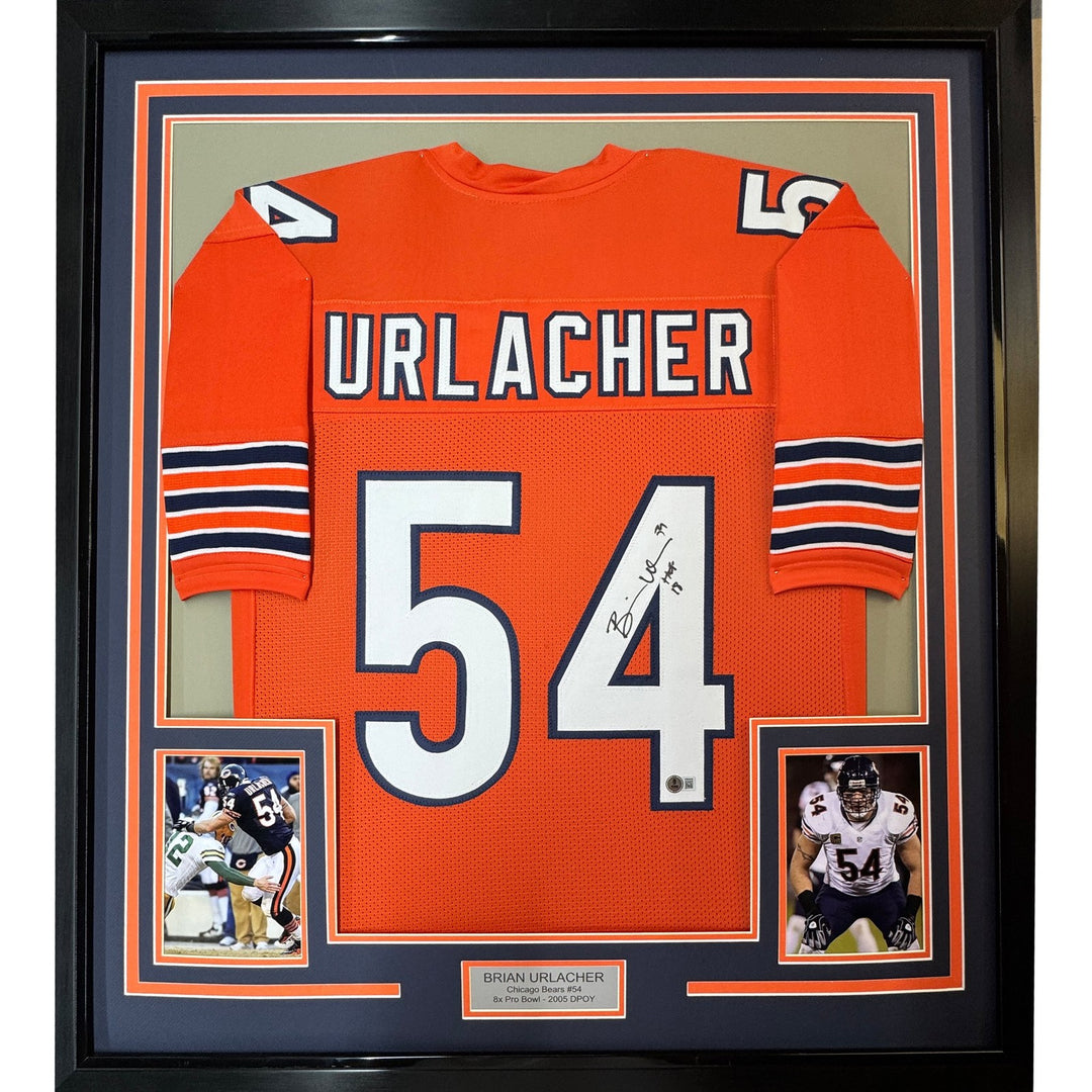 Framed Signed Brian Urlacher 35x39 HOF 18 Chicago Orange Jersey BAS COA