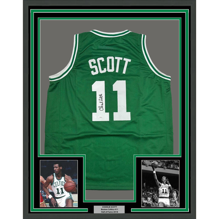 Framed Autographed/Signed Charlie Scott 35x39 Boston Green Jersey JSA COA