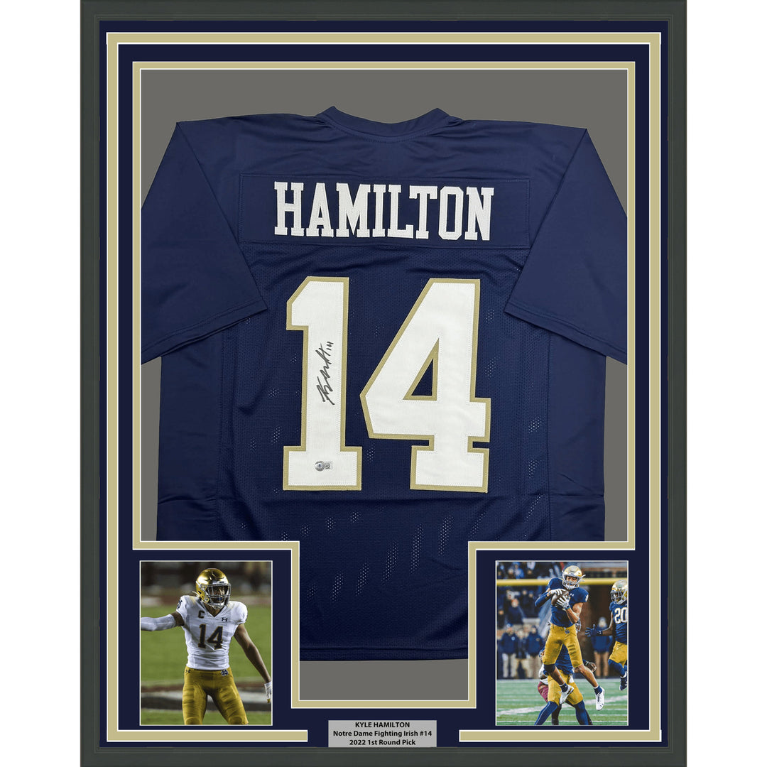 Framed Autographed Kyle Hamilton 35x39 Notre Dame Blue Jersey BAS COA