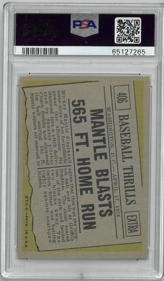 Mickey Mantle 1961 Topps Blasts 565 FT. Home Run Card #406- PSA Graded 7 NM