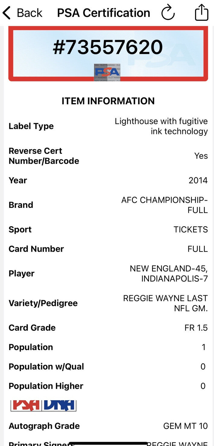 Patriots AFC Championship Ticket Deflate Game Tom Brady Reggie Wayne Auto Psa 10