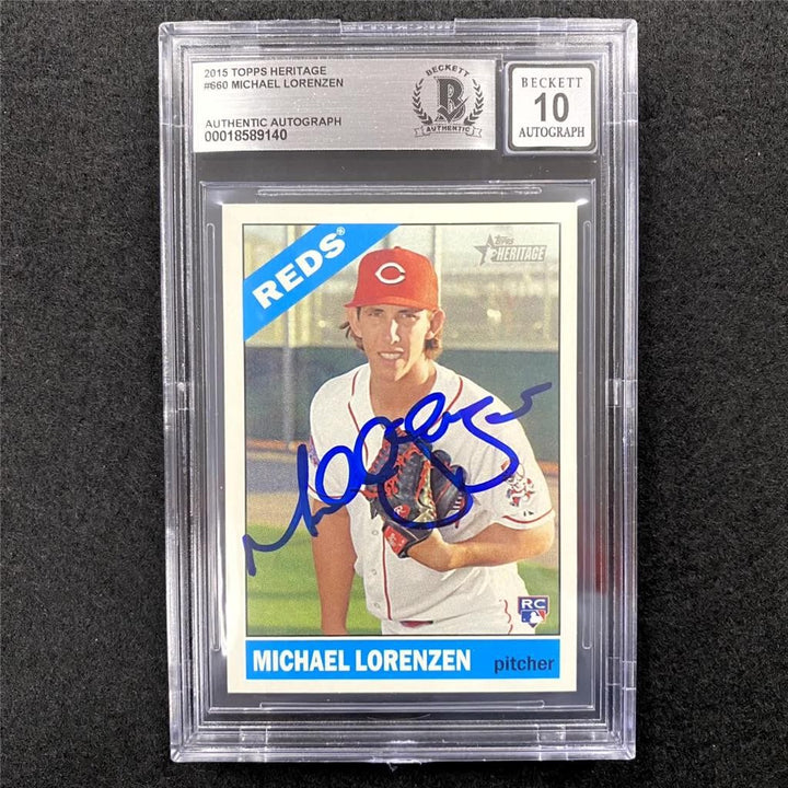 Michael Lorenzen signed 2015 Topps Heritage #660 card RC Beckett BAS 10 Auto
