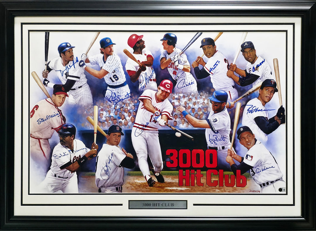 3000 Hit Club Signed Framed 24x36 Lithograph With 13 Sigs Willie Mays & Hank