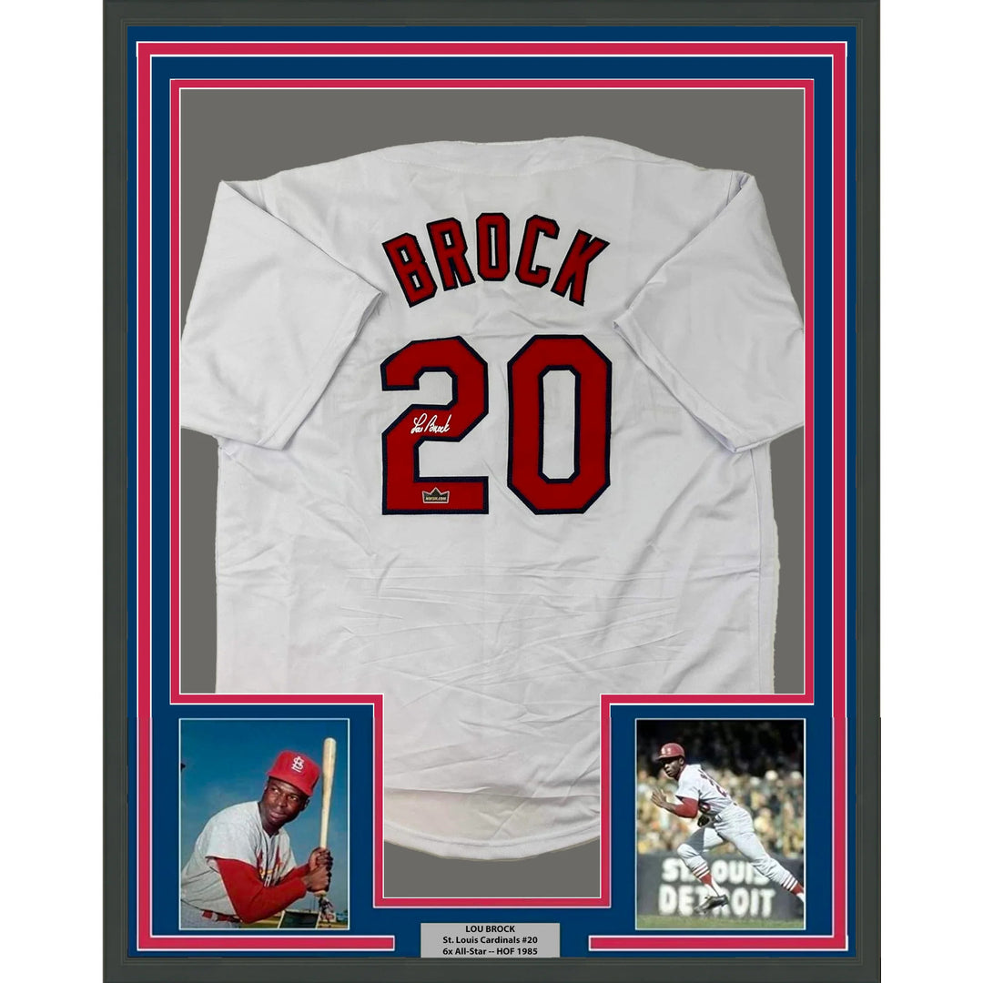 Framed Facsimile Autographed Lou Brock 33x42 White Reprint Laser Auto Jersey