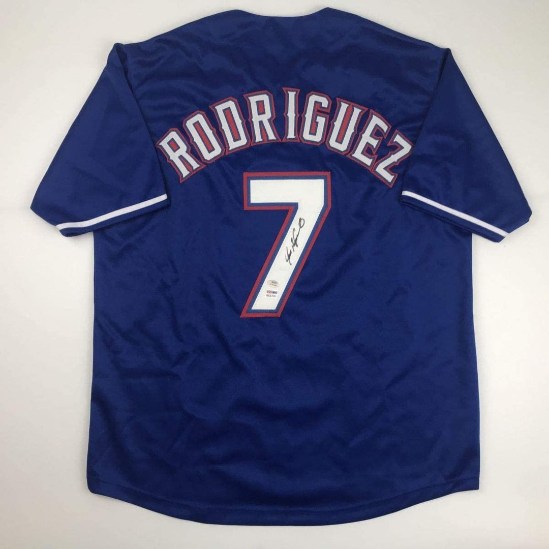 Autographed/Signed Ivan Pudge Rodriguez Texas Blue Baseball Jersey PSA COA