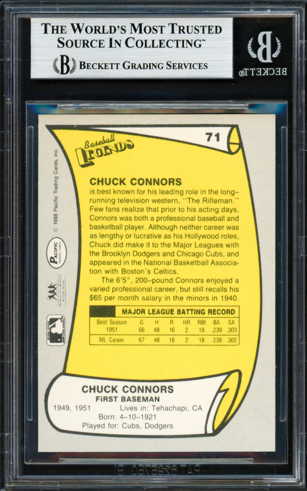 Chuck Connors Signed 1988 Pacific Baseball Legends Card 71 Chicago Cubs Beckett