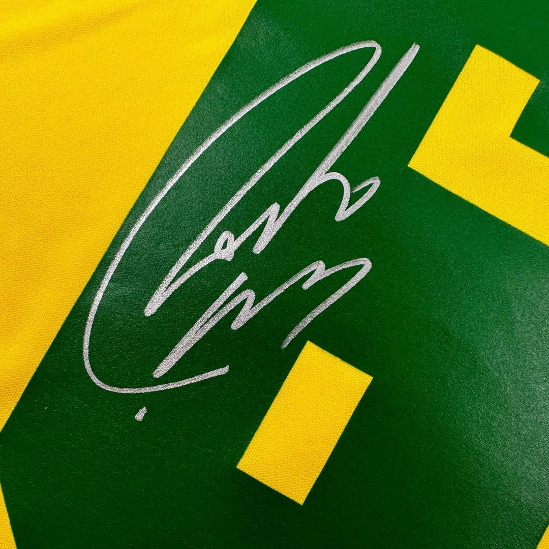Autographed/Signed Roberto Carlos Brazil Yellow Retro Jersey Beckett COA