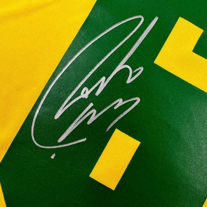 Autographed/Signed Roberto Carlos Brazil Yellow Retro Jersey Beckett COA