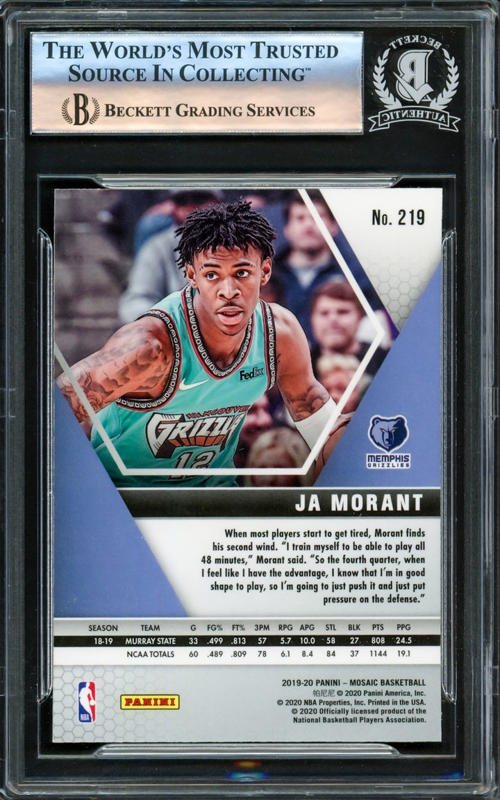 Ja Morant Autographed Signed 2019-20 Mosaic RC 219 Memphis Grizzlies Beckett