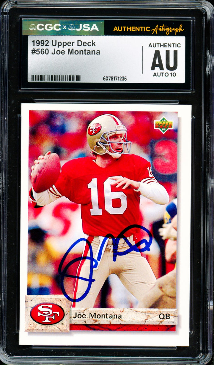 Joe Montana Signed 1992 Upper Deck Card 560 49ers Auto GM 10 CGC x JSA