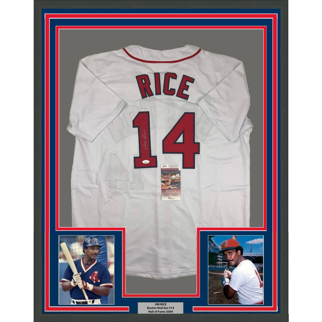 FRAMED Autographed/Signed JIM RICE 33x42 Boston White Baseball Jersey JSA COA