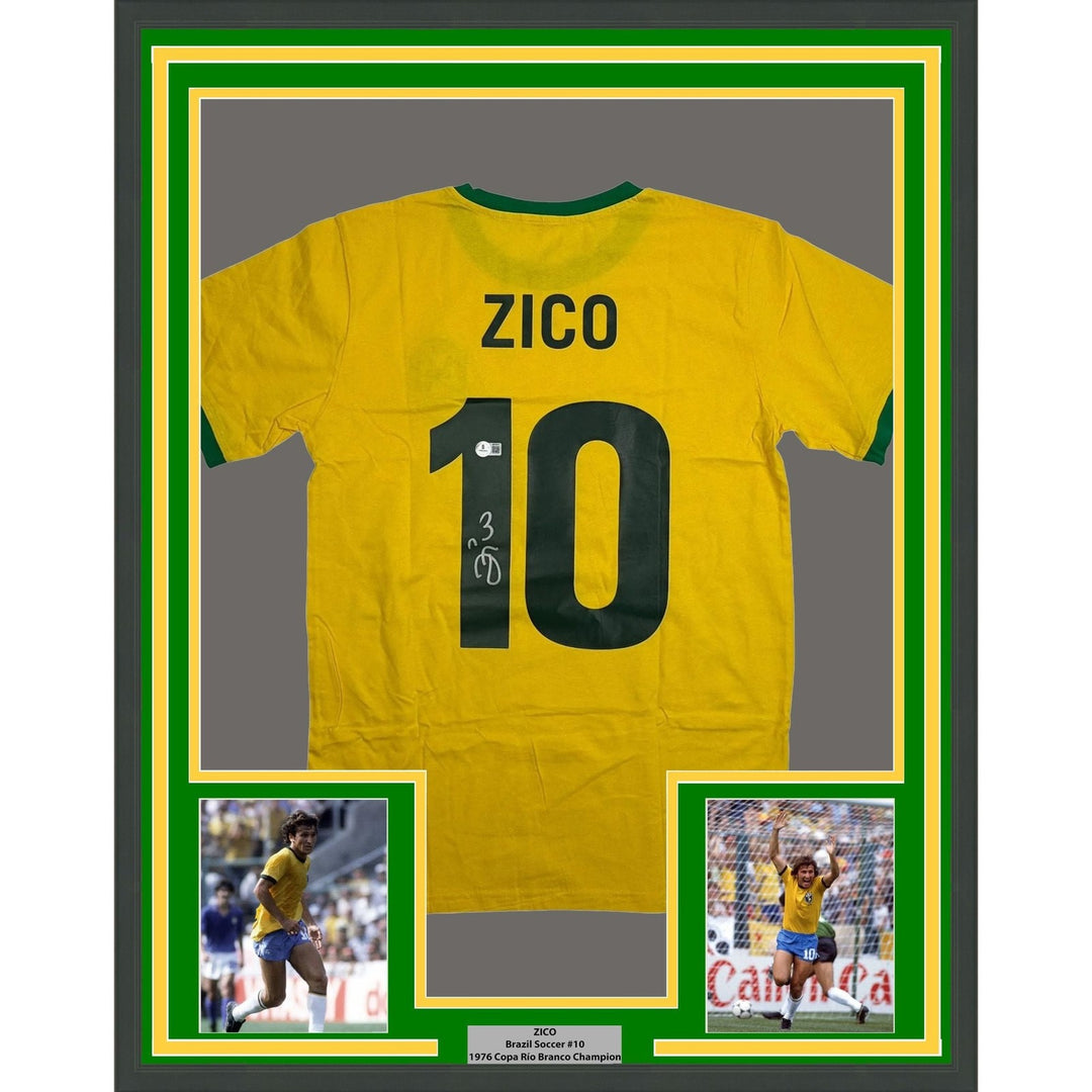 Framed Autographed/Signed Zico 35x39 Brazil Yellow Jersey Beckett BAS COA
