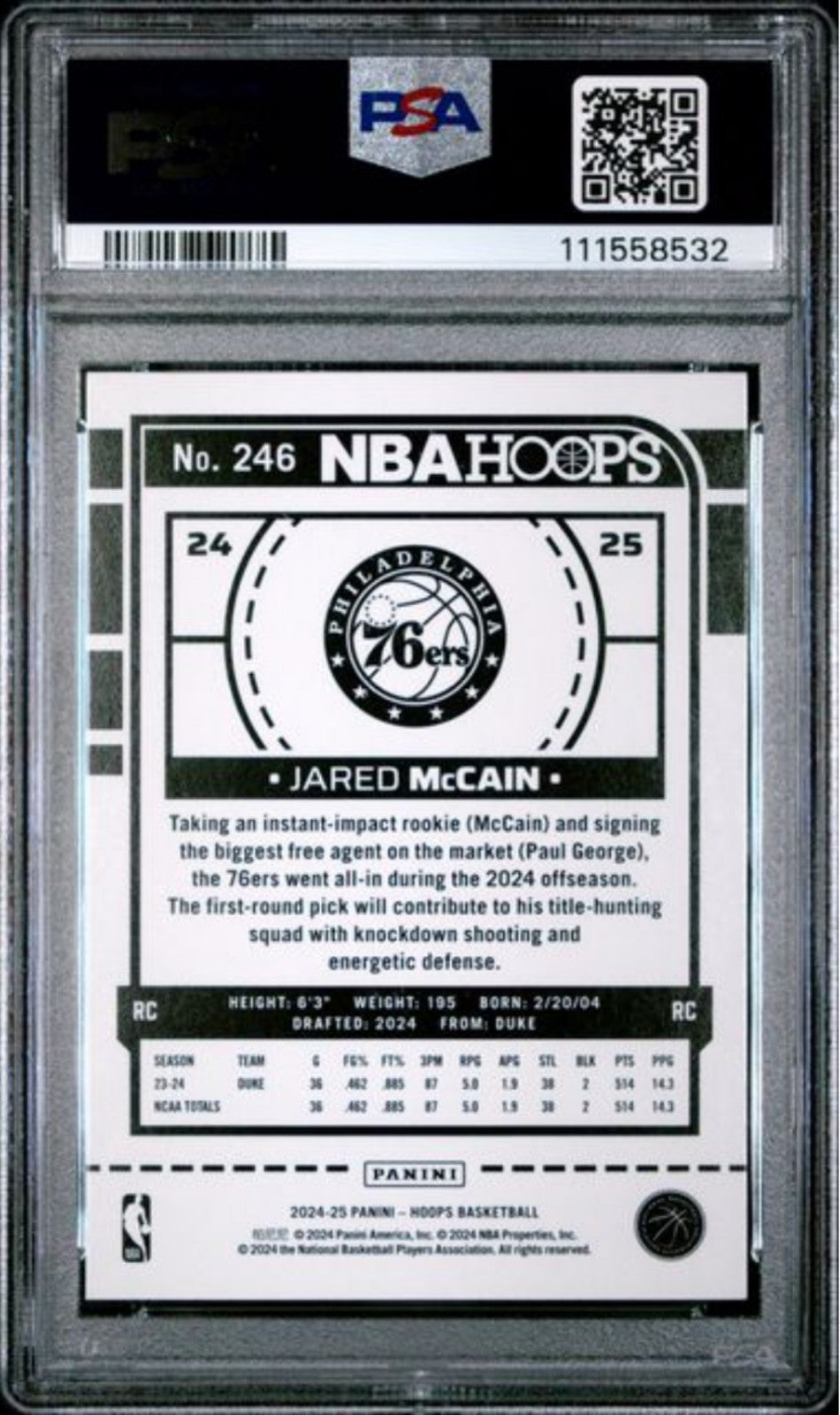 Graded 2024 Panini Hoops Jared McCain #246 Rookie RC Basketball Card PSA 10 Mint
