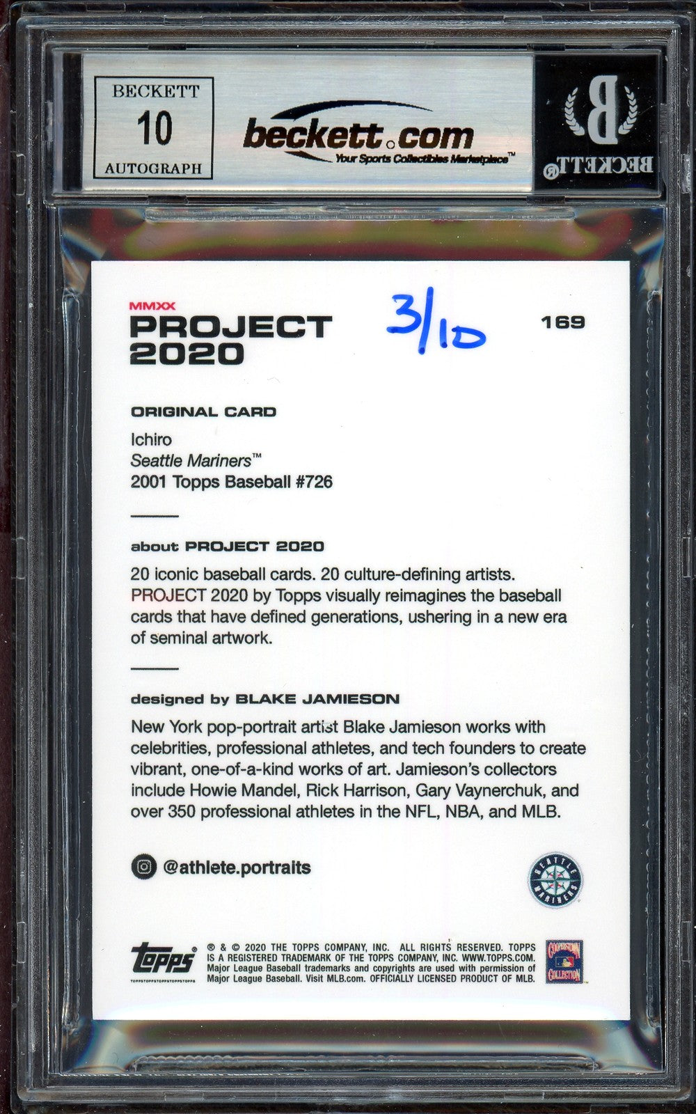Ichiro Suzuki Auto Topps Project 2020 Blake Jamieson Card 169 Sig 10 #/10 BAS