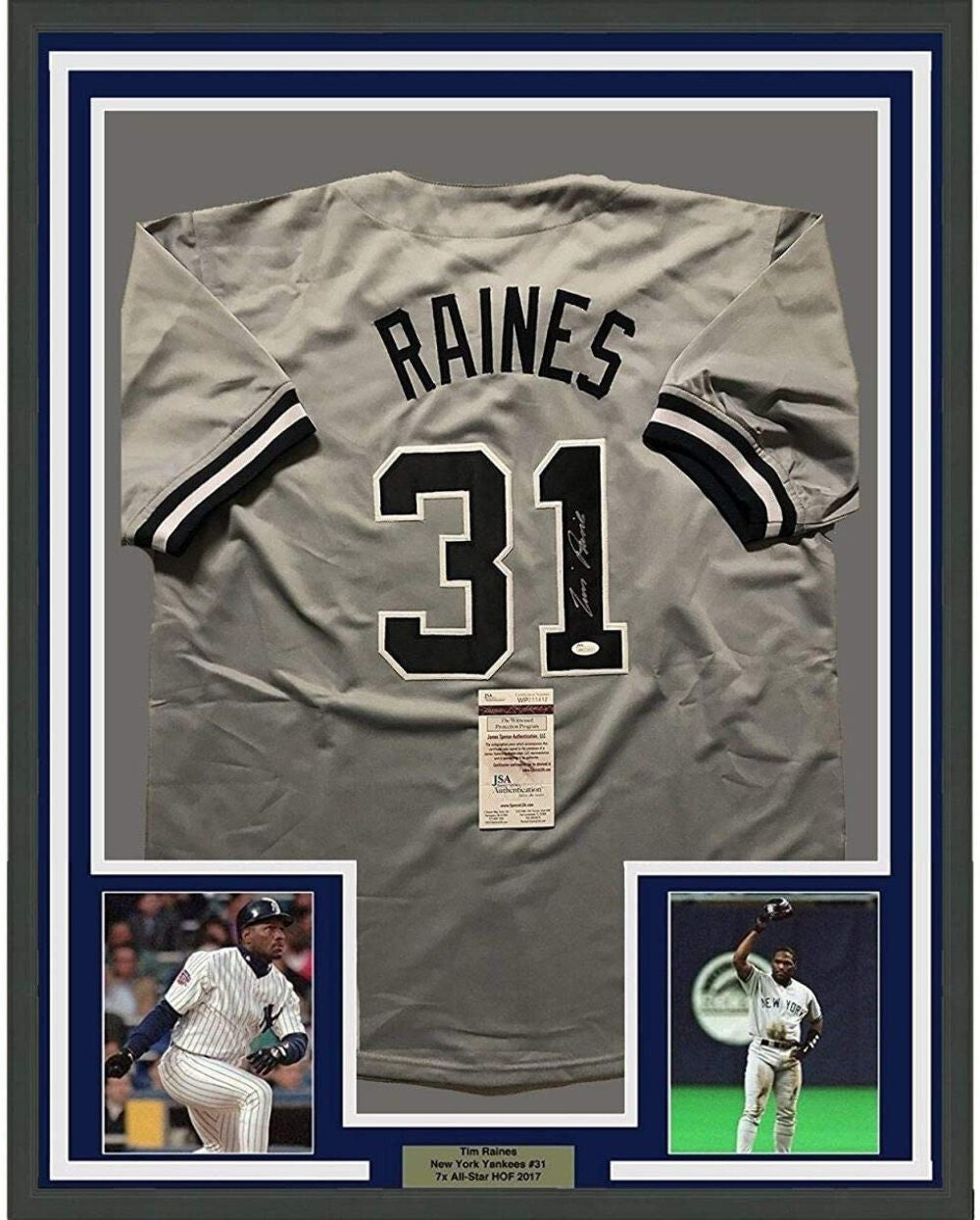 FRAMED Autographed/Signed TIM RAINES 33x42 New York Grey Baseball Jersey JSA COA