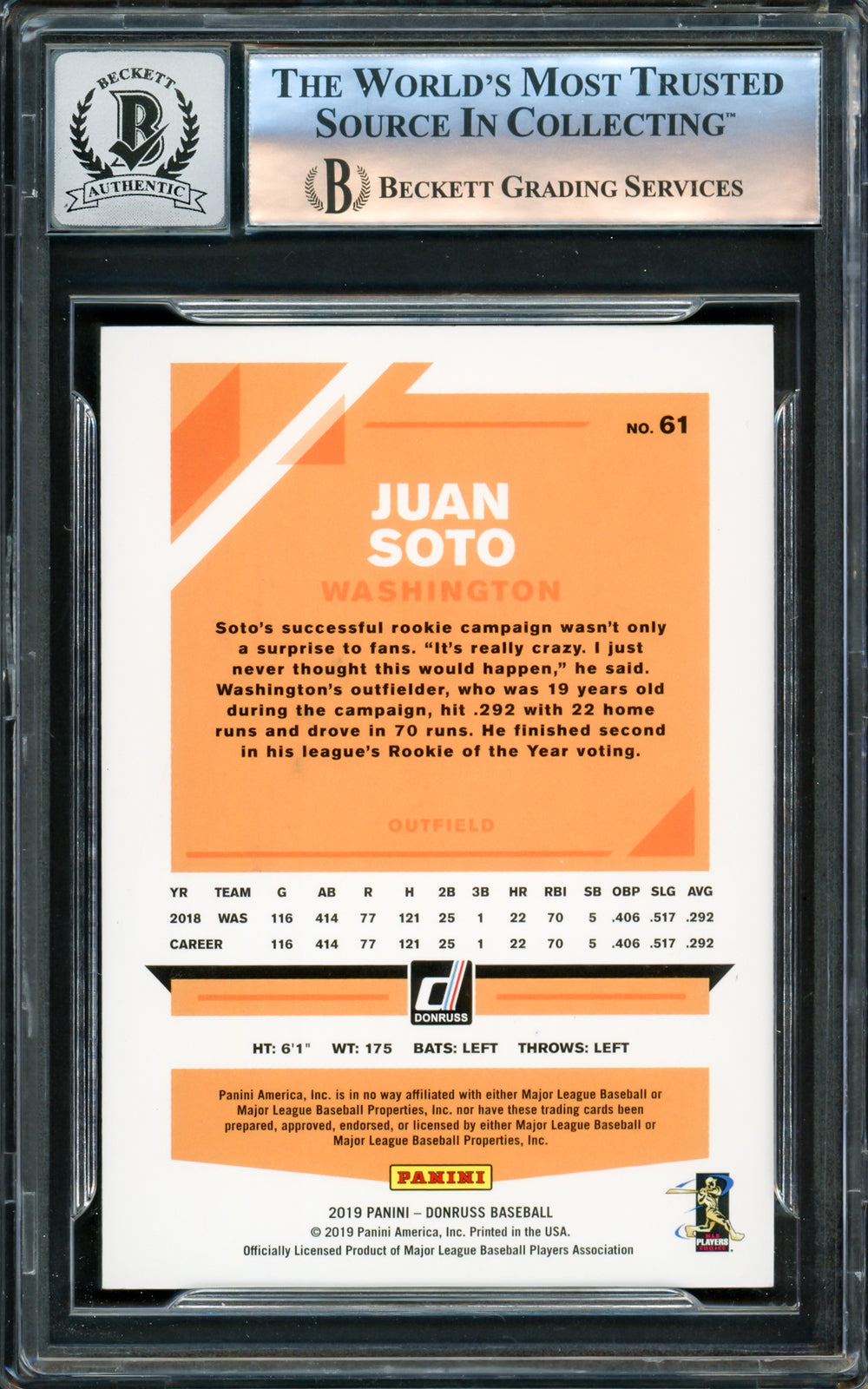 Juan Soto Autographed 2019 Donruss Variations Card Gem 10 Auto Beckett 16172673