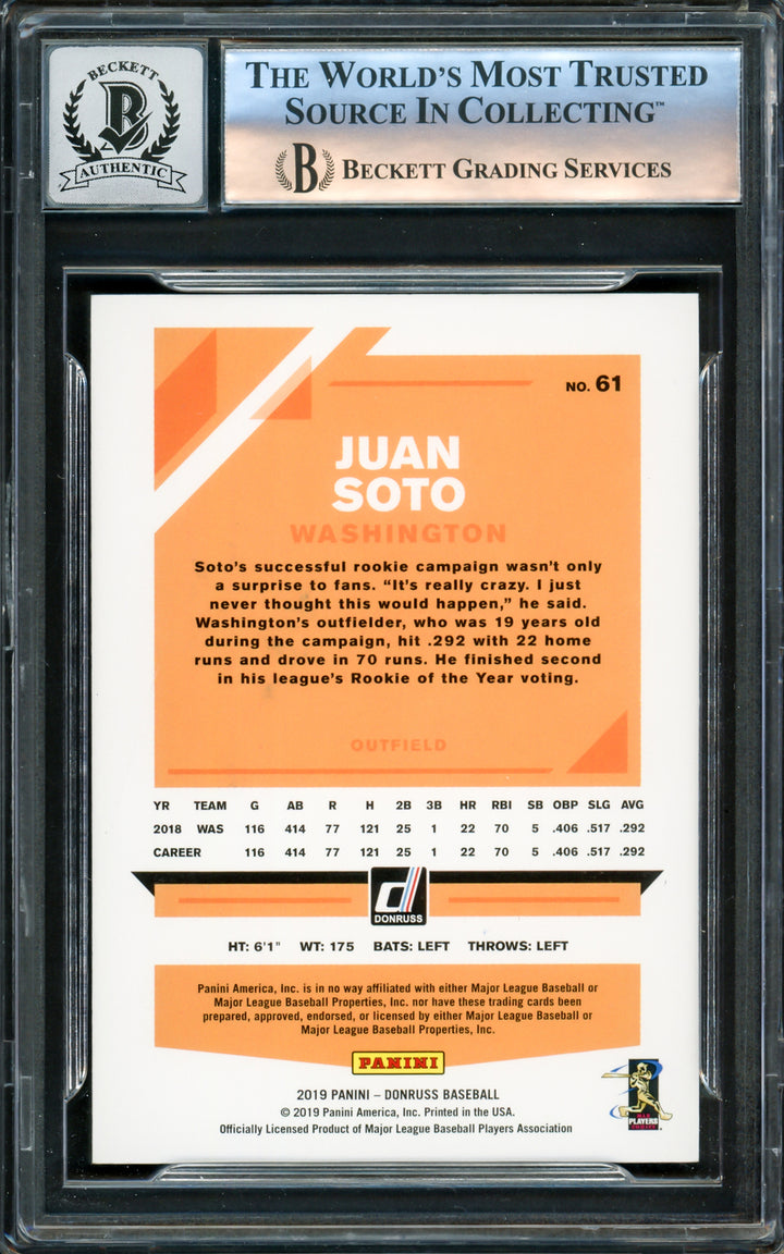 Juan Soto Autographed 2019 Donruss Variations Card Gem 10 Auto Beckett 16172673